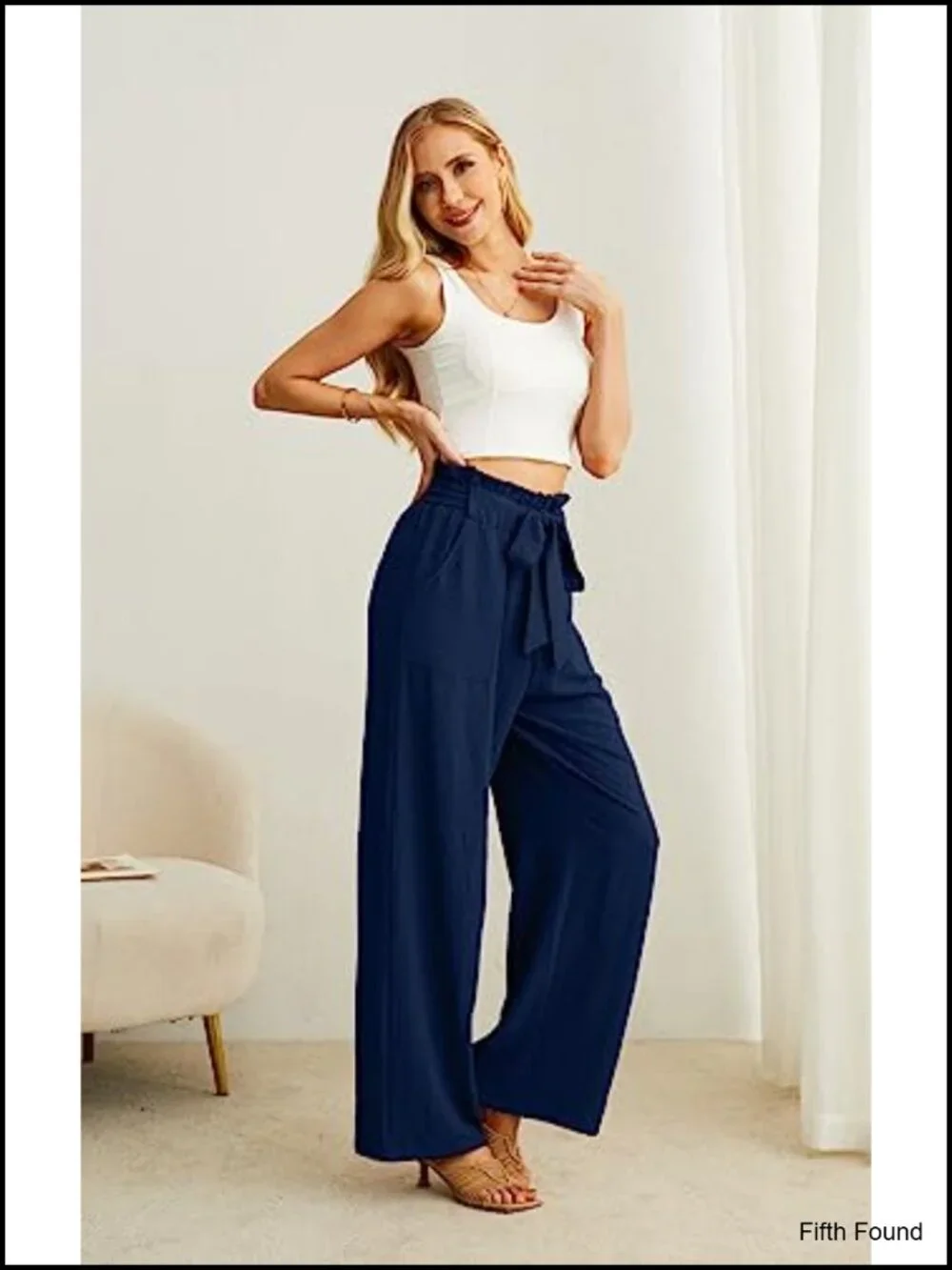High Waist Palazzo Pants, Adjustable Knot Ankle Wide Leg Trousers with Pockets